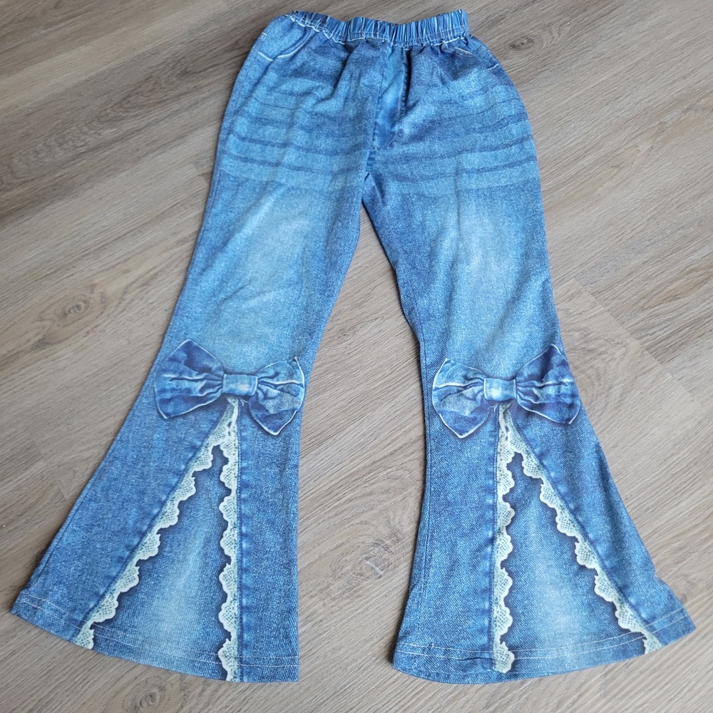 Girls Flared Leggings Size 130 Blue Denim Print Lace Bow Boho Bell‎ Bottoms